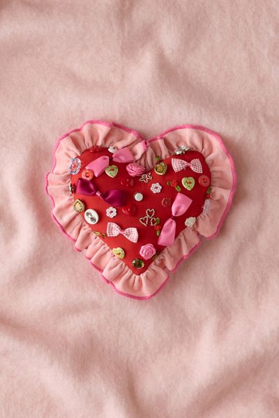 Beaded Heart Ruffle Throw Pillow