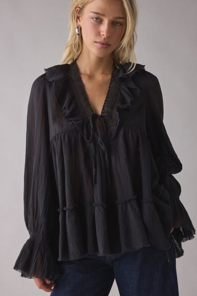Kimchi Blue Mona Lace Trim Ruffle Babydoll Tunic Blouse