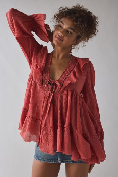 Kimchi Blue Mona Lace Trim Ruffle Babydoll Tunic Blouse Product Page