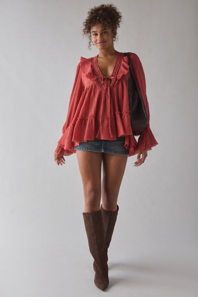 Kimchi Blue Mona Lace Trim Ruffle Babydoll Tunic Blouse