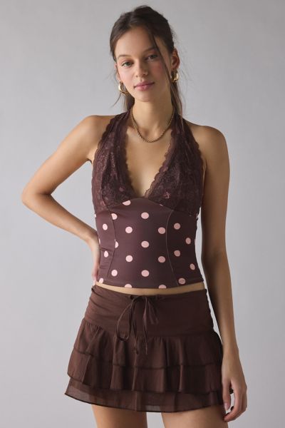 UO Luna Mixed Lace Trim Plunge Halter Top