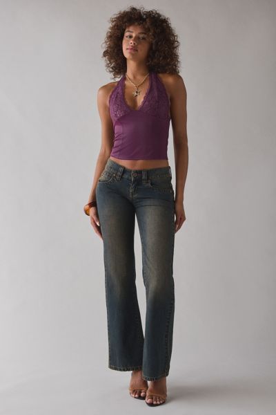 Urban Outfitters Uo Luna Mixed Lace Trim Plunge Halter Top In Plum, Women's At  In Purple