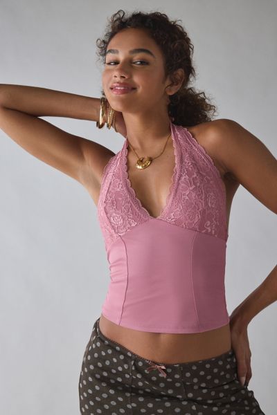 Urban Outfitters Uo Luna Mixed Lace Trim Plunge Halter Top In Pink, Women's At  In Pink