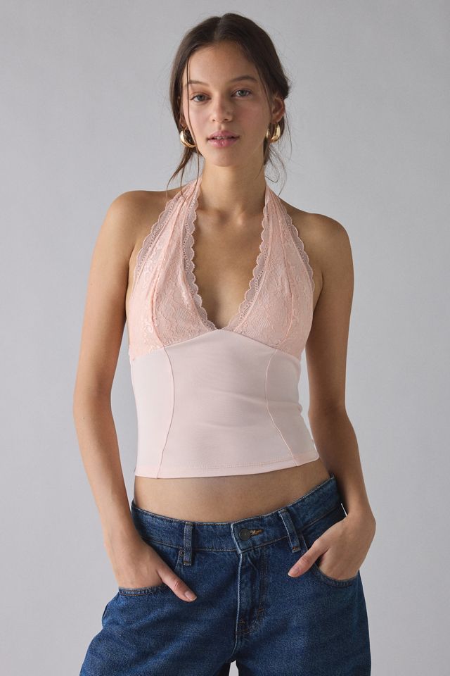 UO Luna Mixed Lace Trim Plunge Halter Top #1