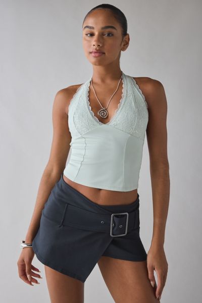 Urban Outfitters Uo Luna Mixed Lace Trim Plunge Halter Top In Mint, Women's At  In Green