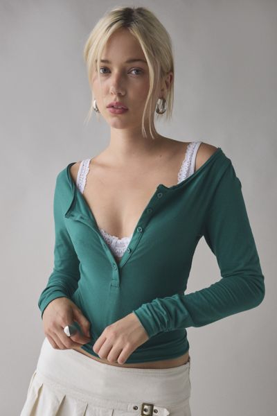 Out From Under Betty Boatneck Long Sleeve Henley Top In Green, Women's At Urban Outfitters In Green