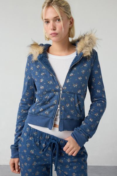 Out From Under Bundle Up Faux Fur Trim Zip-up Hoodie Sweatshirt In Navy, Women's At Urban Outfitters In Blue