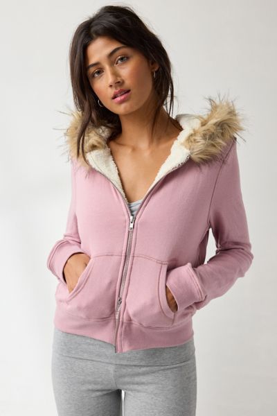 Out From Under Bundle Up Faux Fur Trim Zip-up Hoodie Sweatshirt In Mauve, Women's At Urban Outfitters In Pink
