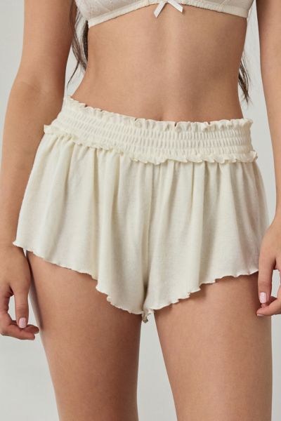 Out From Under Stay At Home Smocked Ruffle Knit Shorts In Ivory, Women's At Urban Outfitters In White