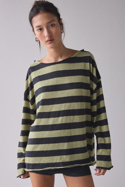 Bdg Kurt Off-the-shoulder Long Sleeve Tee In Green Stripe, Women's At Urban Outfitters In Green