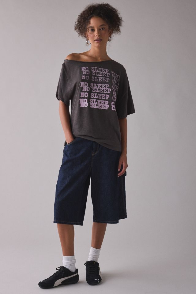 UO Courtney No Sleep Club Graphic Off-The-Shoulder Oversized Tee #1