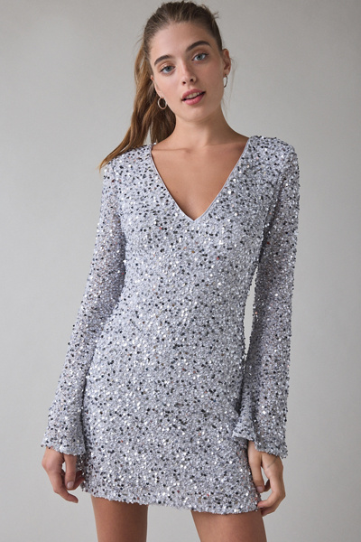 UO That's Showbiz Open Back Bell Sleeve Sequin Mini Dress | Urban Outfitters