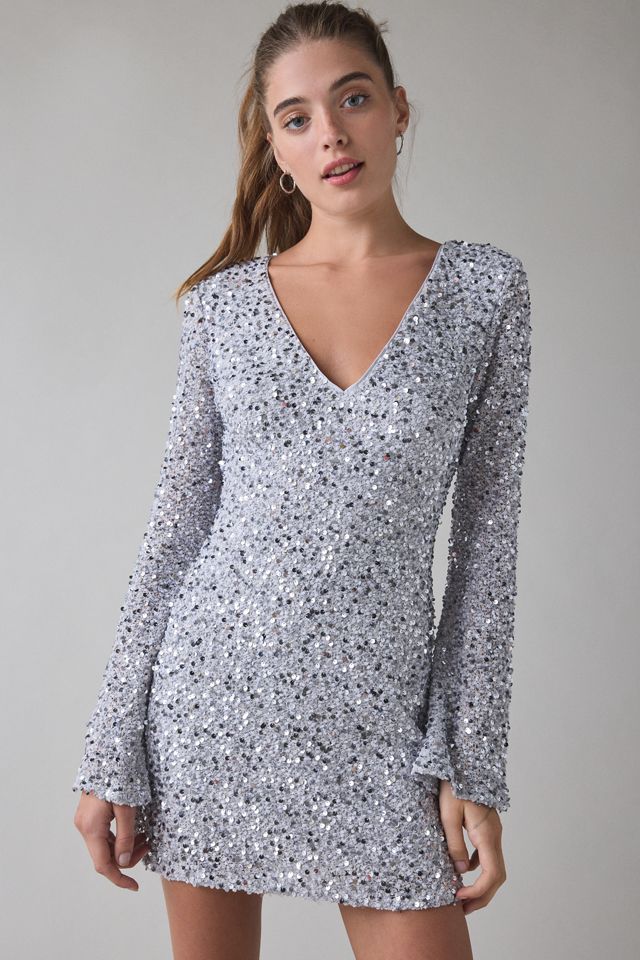 sequin mini dress with sleeves Fifteen Twenty Women's Laurel Bell Sleeve In Black Please be careful when handling garment Silver Long Sleeve Floral Embroidered