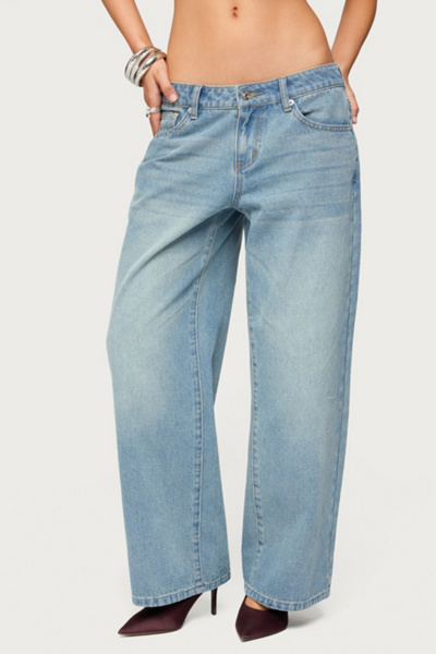 Edikted Petite Raelynn Washed Low Rise Jeans In Tinted/denim, Women's At Urban Outfitters In Blue