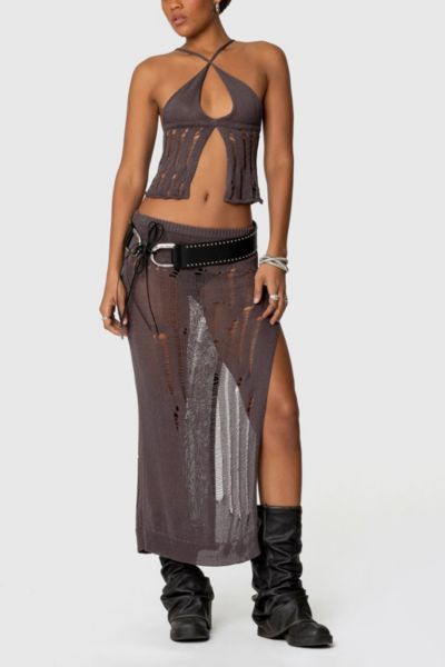 Edikted Jaynie Distressed Knit Maxi Skirt In Brown, Women's At Urban Outfitters