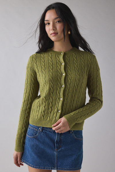 Kimchi Blue Rachel Soft Brushed Cable Knit Cardigan in Light Green, Women's at Urban Outfitters