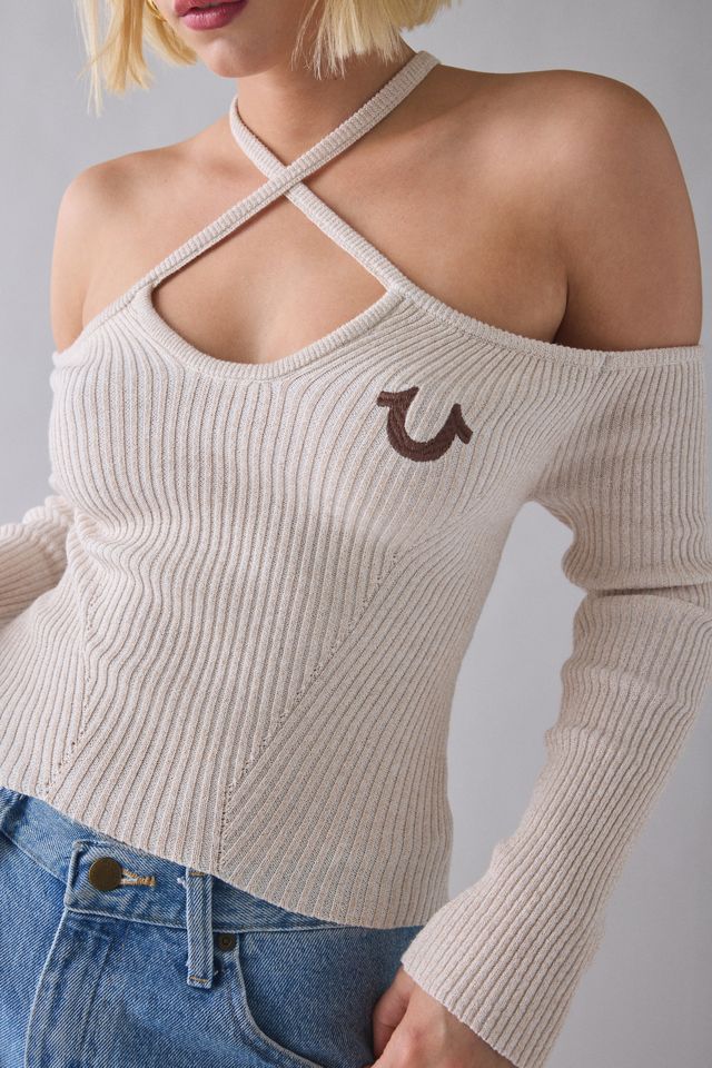 True Religion Horseshoe Lurex Crisscross Strap Off-The-Shoulder Sweater #1