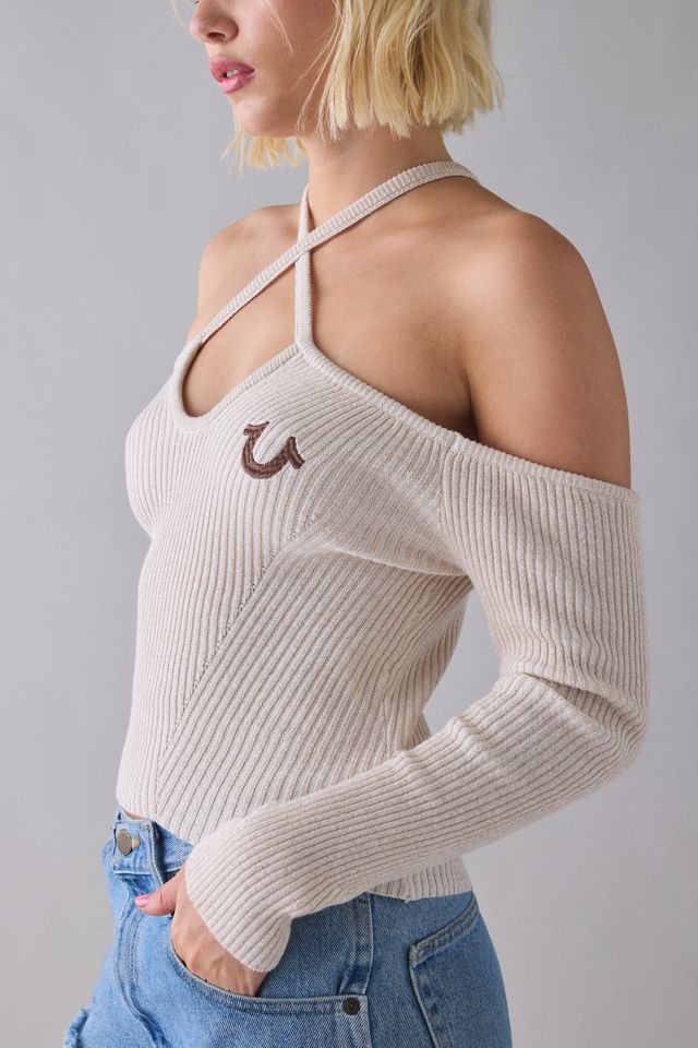 True Religion Horseshoe Lurex Crisscross Strap Off-The-Shoulder Sweater #4