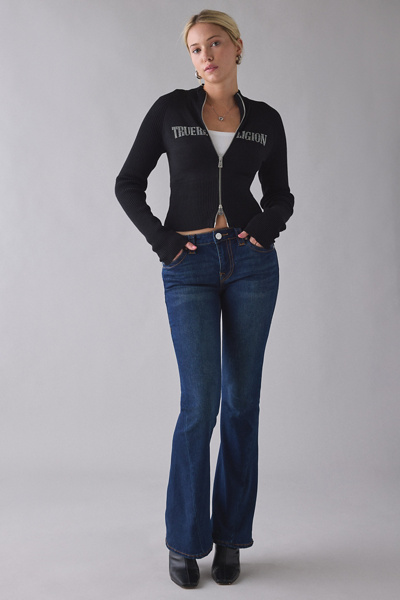 True Religion Crystal Graphic Turtleneck Zip-Up Sweater