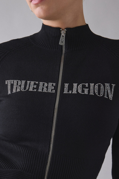 True Religion Crystal Graphic Turtleneck Zip-Up Sweater