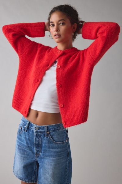 Bdg Becca Brushed Knit Oversized Cardigan In Red, Women's At Urban Outfitters In Red