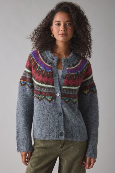 Bdg Becca Printed Brushed Knit Oversized Cardigan In Grey, Women's At Urban Outfitters In Gray