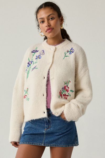 Bdg Becca Embroidered Brushed Knit Oversized Cardigan In Neutral, Women's At Urban Outfitters In Neutral