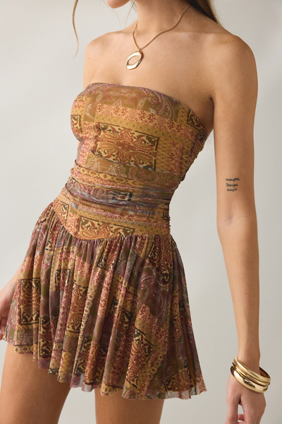 Urban Outfitters UO Modern Mesh Basque Waist Strapless Mini Dress in Gold