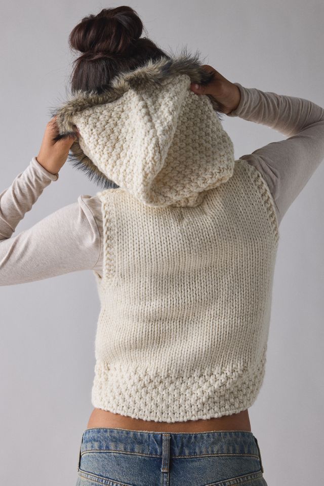 BDG Josephine Cable Knit Faux-Fur Trim Hooded Sweater Vest #1