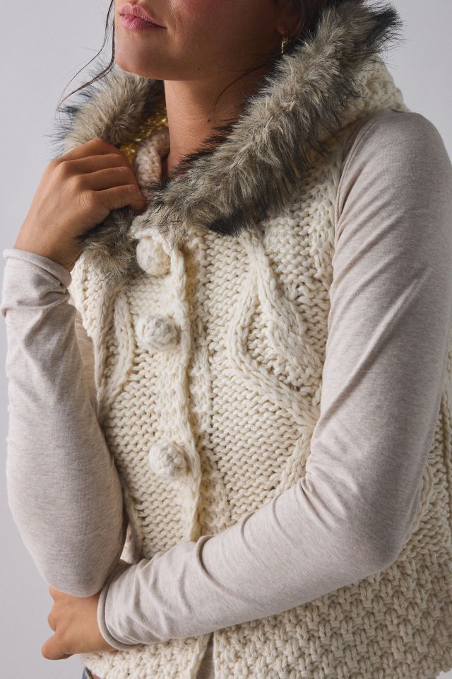 BDG Josephine Cable Knit Faux-Fur Trim Hooded Sweater Vest #3