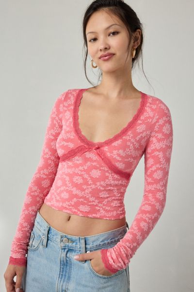 Out From Under Bella Seamless Knit Lace Trim Long Sleeve Tee In Coral, Women's At Urban Outfitters In Pink