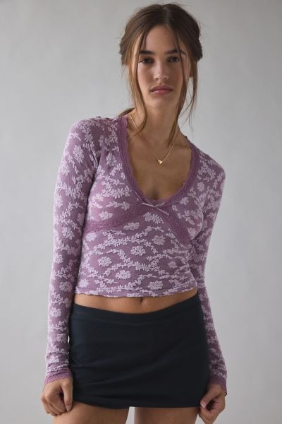 Out From Under Bella Seamless Knit Lace Trim Long Sleeve Tee In Deep Purple, Women's At Urban Outfitters In Purple