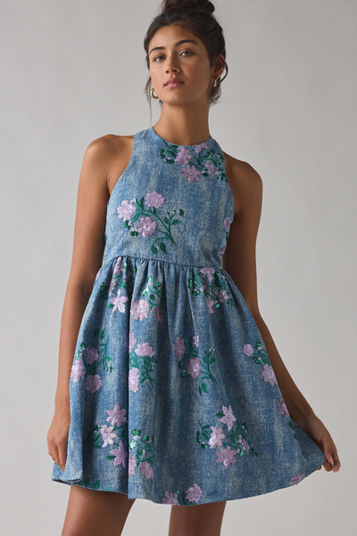 Sister Jane Azul Floral Sequin Embellished Denim Mini Dress