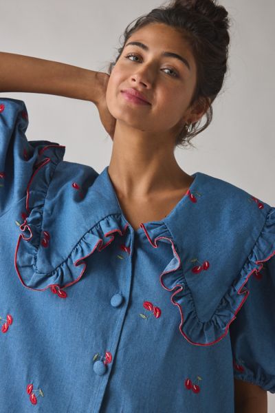 Sister Jane Lola Oversized Collar Cherry Embroidered Denim Mini Dress