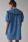 Sister Jane Lola Oversized Collar Cherry Embroidered Denim Mini Dress