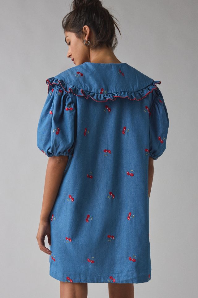 Sister Jane Lola Oversized Collar Cherry Embroidered Denim Mini Dress #2