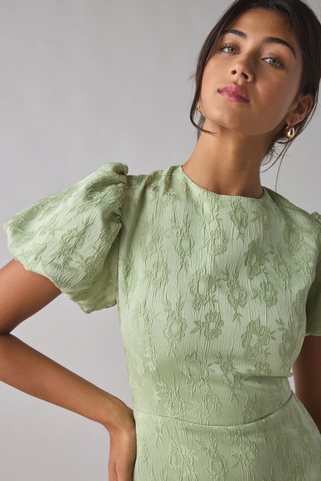 Sister Jane Olive Floral Jacquard Ruffle Puff Sleeve Midi Dress #1