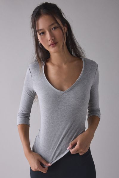 Bdg Vee Neck 3/4 Sleeve Spill The Tee In Grey, Women's At Urban Outfitters In Gray