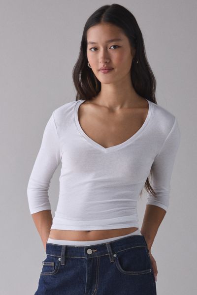 Bdg Vee Neck 3/4 Sleeve Spill The Tee In White, Women's At Urban Outfitters In White