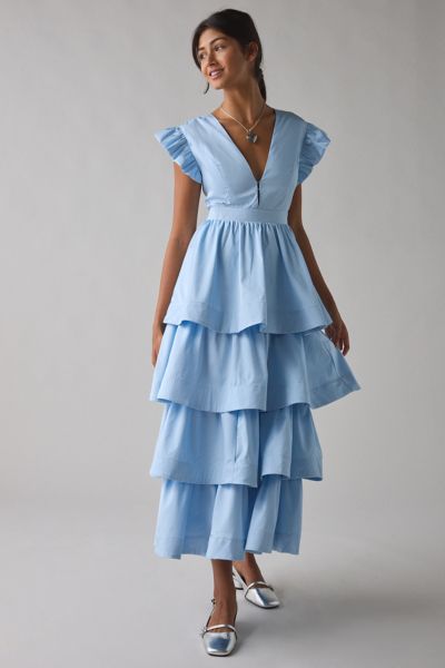 Sister Jane Feria Plunging Tiered Ruffle Midi Dress