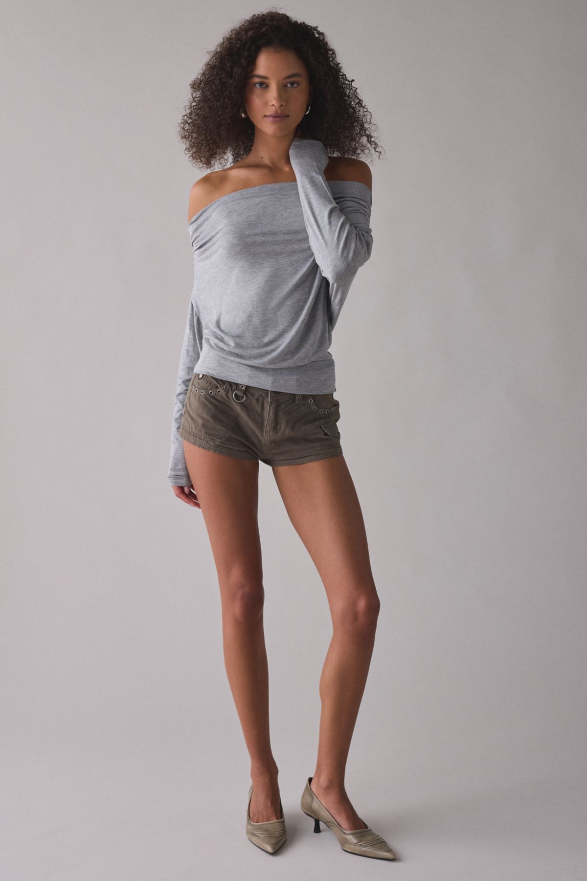UO Elena Long Sleeve Ruched Off-The-Shoulder Top