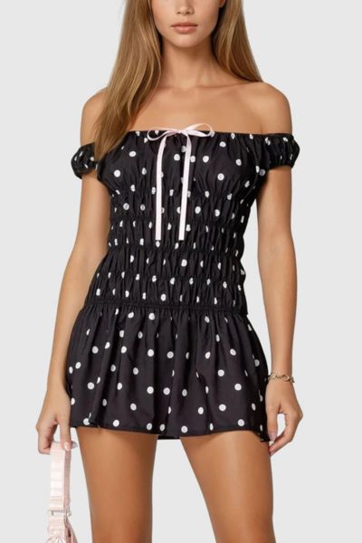Edikted Jonie Scrunch Polka Dot Mini Dress In Black/and/white, Women's At Urban Outfitters