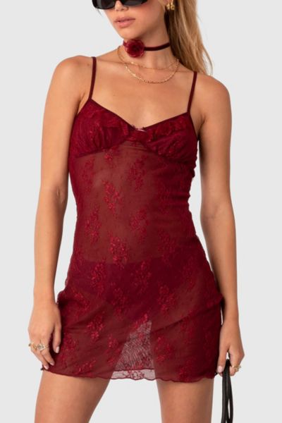 Edikted Madame Sheer Lace Mini Dress In Burgundy, Women's At Urban Outfitters
