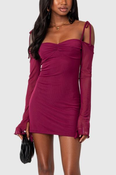 Edikted Ariel Off Shoulder Mesh Mini Dress In Burgundy, Women's At Urban Outfitters