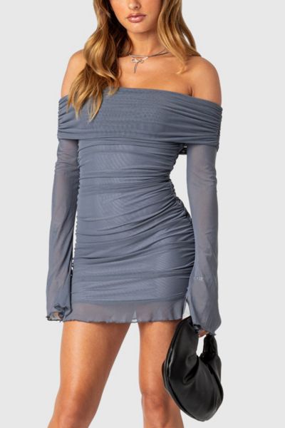 Edikted Gala Fold Over Gathered Mesh Mini Dress In Gray, Women's At Urban Outfitters