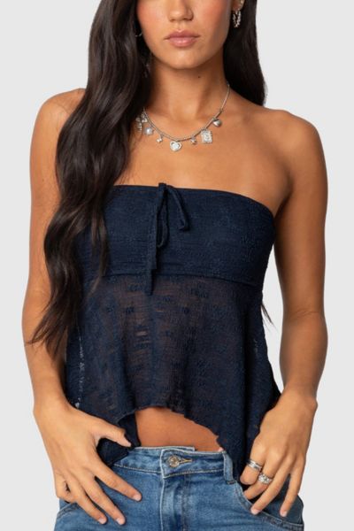 Edikted Embroidered Sheer Strapless Top In Navy, Women's At Urban Outfitters