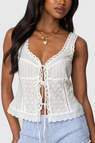 Edikted Fiore Eyelet Tie Front Top In White, Women's At Urban Outfitters