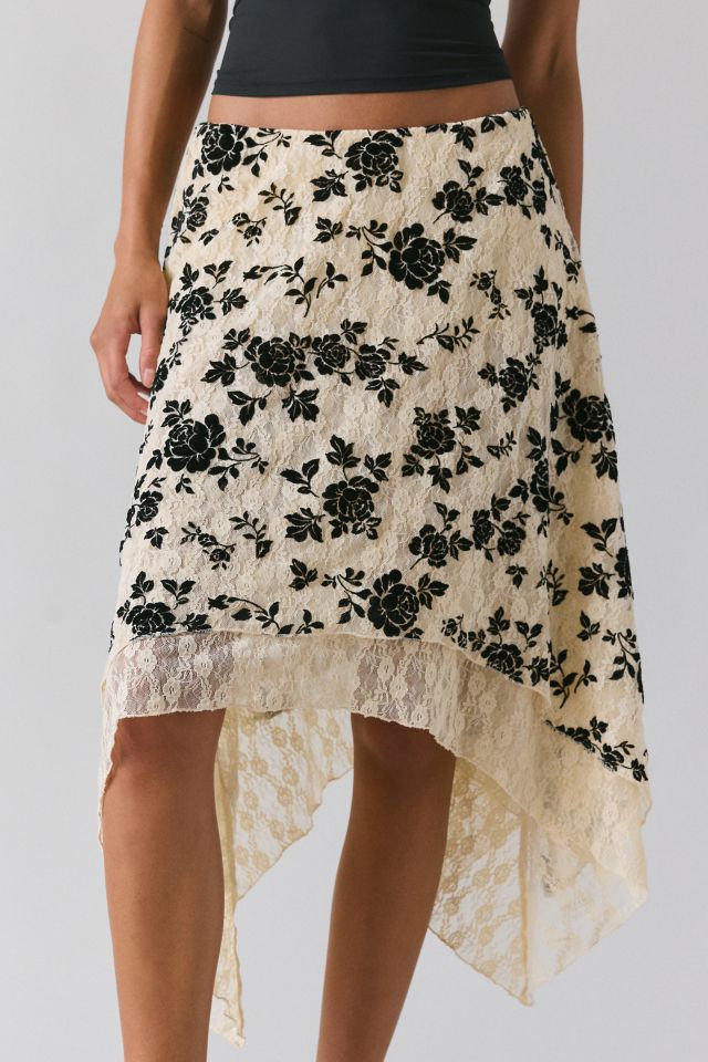 Kimchi Blue Sheer Beauty Flocked Lace Hanky Hem Midi Skirt #1
