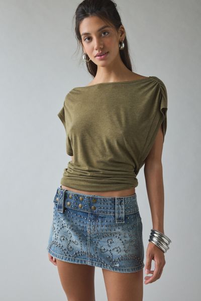 Kimchi Blue Backstage Studded Belted Waistband Low-Rise Denim Micro Mini Skirt