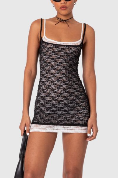 Edikted Vivian Layered Lace Mini Dress In Black/and/white, Women's At Urban Outfitters